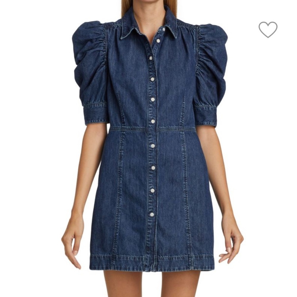 Frame Denim Dark Blue Puff-Sleeve Mini Shirt Dress - Picture 3 of 12